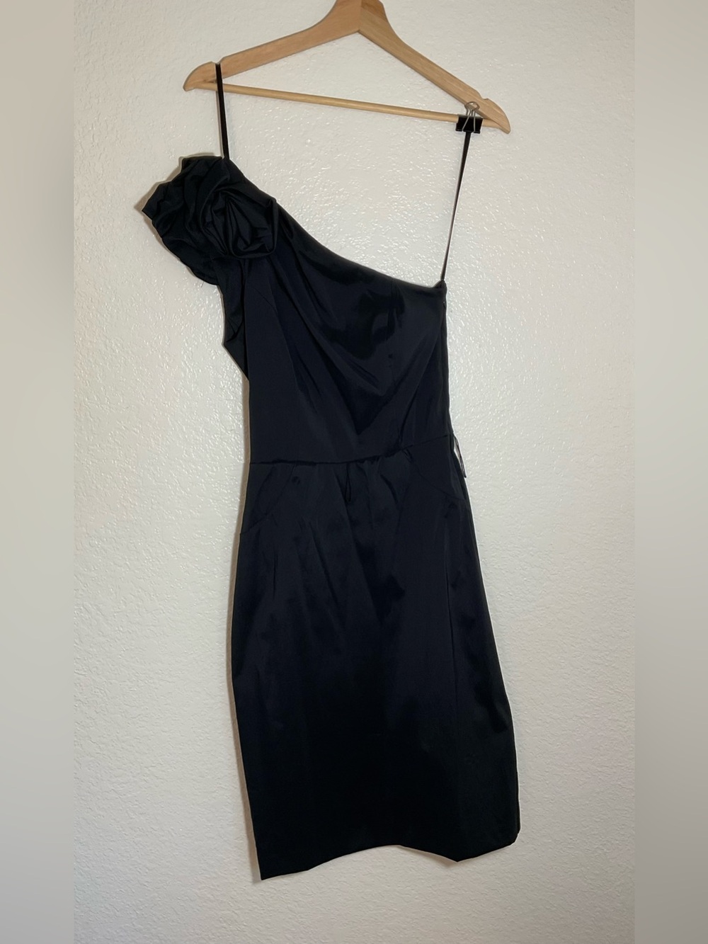 Betsy & Adam One Shoulder Black Cocktail Midi Dress Size 4 Rosette
